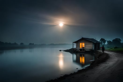 photo wallpaper the moon, water, the lake, the house, the moon, the lake,. AI-Generated