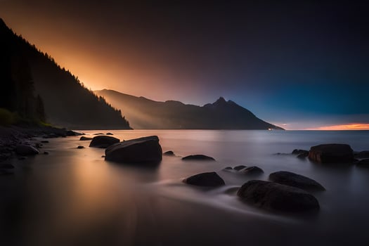 a long exposure photograph of a lake and mountains at sunset. AI-Generated photo