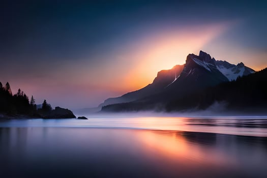 the sun rises over a mountain range and a lake. AI-Generated photo