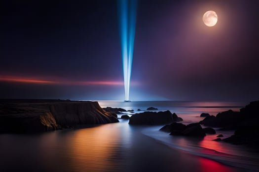 a light beam shines over the ocean at night. AI-Generated photo