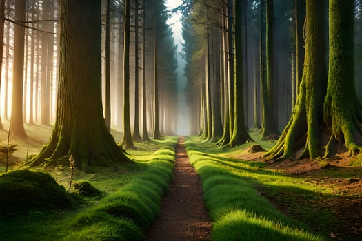 a path through a forest with trees and grass. AI-Generated photo