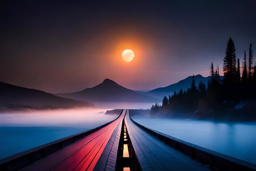 a long bridge over a lake with a full moon in the background. AI-Generated photo
