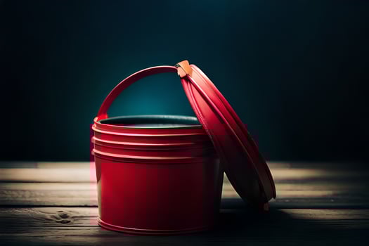 a red bucket with a lid on top of a wooden table. AI-Generated photo