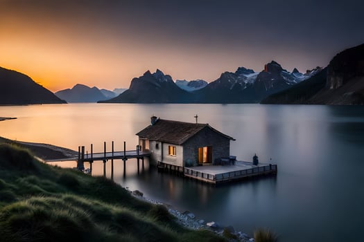 a small cabin sits on the shore of a lake. AI-Generated photo