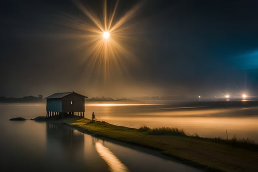 a boat house on the water at night. AI-Generated photo
