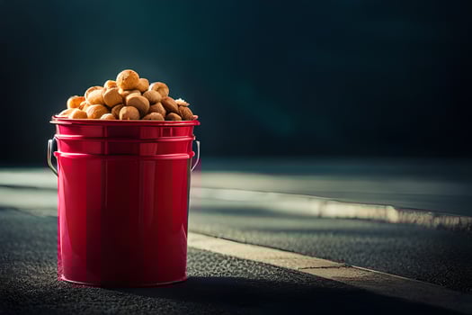 a red bucket filled with peanuts on the road. AI-Generated photo