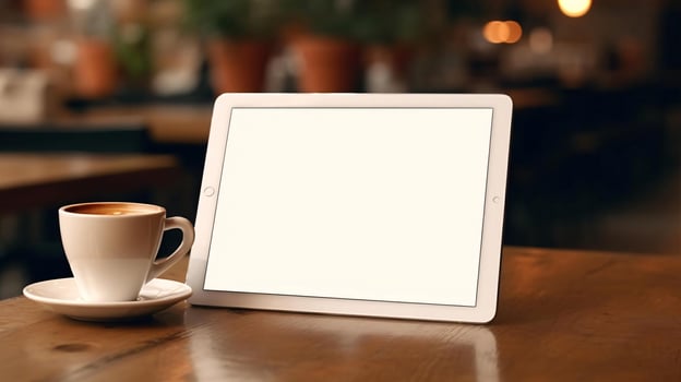 a white mug next to a white laptop on a wooden table AI Generated photo