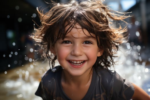 Portraits face kid enjoy water park, water splash. Generative AI photo