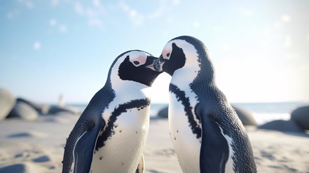 a group of penguins on a beach AI Generated photo