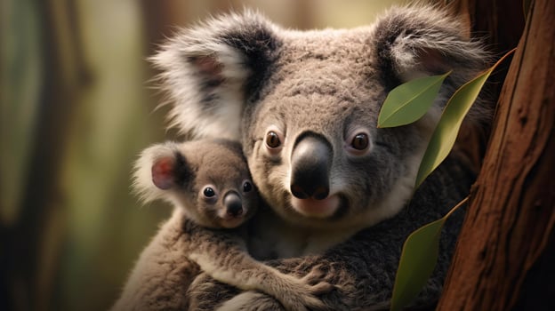 a group of koalas in a tree AI Generated photo