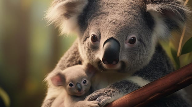a koala bear holding a baby koala AI Generated photo