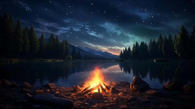 a lake with a fire and mountains in the background AI Generated photo