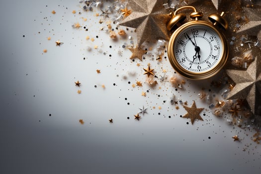 A Clock, stars and Balloon decoration for New Year celebration. Elegant design for New Year greeting card. Copy space, place for text. AI generated photo
