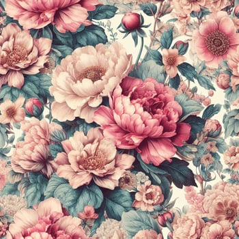 beautiful waterolor spring floral seamless patterns with flowers leaves purple and pink on white background. Hand draw photo