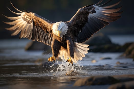 Flying blad eagle above the lake, Haliaeetus leucocephalus. Generative AI photo