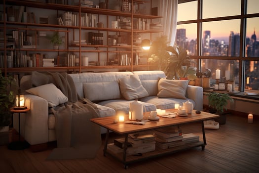 Cozy living room with a white couch, brown coffee table, bookshelf with games, and candles. The couch is topped with plush pillows in shades of white and brown photo