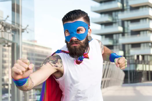 young hipster superhero fights evil photo