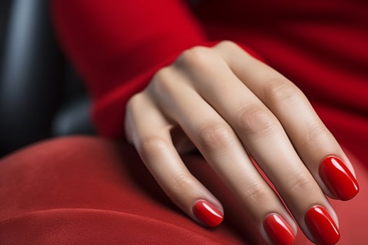 Glamour woman hand with classic red nail polish on her fingernails. Red nail manicure with gel polish at luxury beauty salon. Nail art and design. Female hand model. French manicure. Generative AI. photo