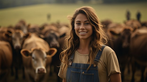 Portrait of smiling young woman looking at camera while standing in field with cows AI Generated photo