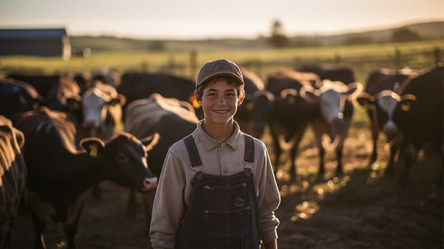 Portrait of happy boy standing in cowshed at farm during sunset AI Generated photo