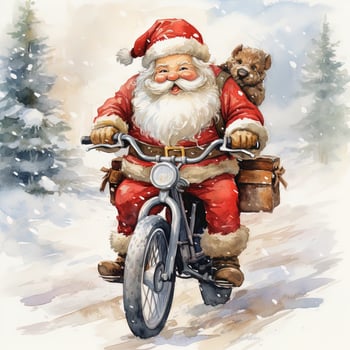 Christmas watercolor illustration of the Santa Claus riding a  bike photo