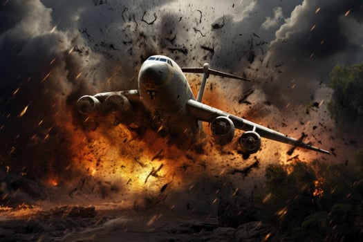 Airplane in the fire. 3D illustration. Clip-art, Military Plane Crashes In A Storm, AI Generated photo
