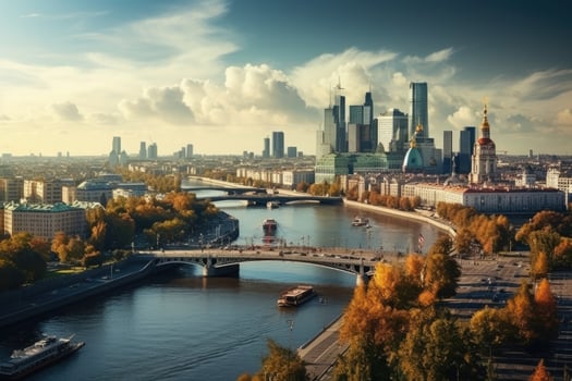 Panoramic view of Moscow city from Sparrow Hills. Russia, Moscow skyline with the historical architecture skyscraper and Moskva River and Arbat street bridge, Aerial view, AI Generated photo