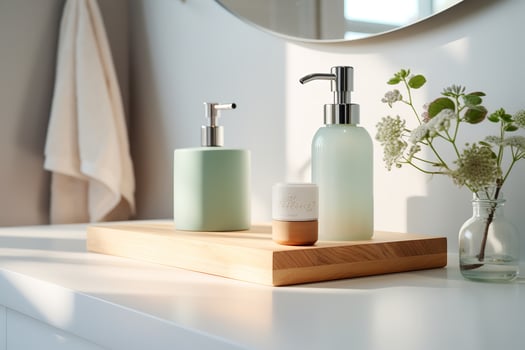 Ai Generated Opulent bathroom with a freestanding white bathtub positioned in front of a large window that offers breathtaking views of the lush green forest. photo