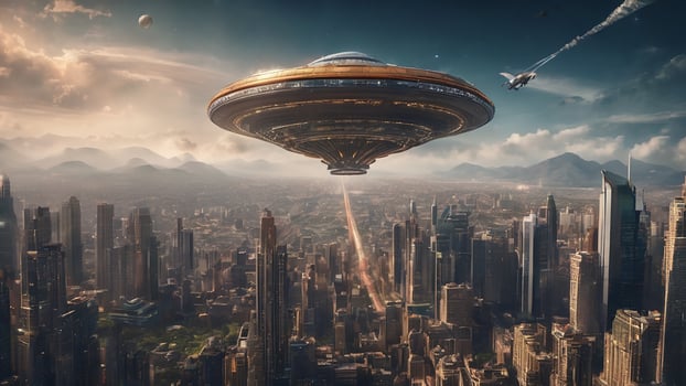A UFO hovers over a big futuristic city photo