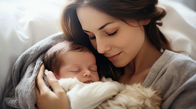 Portrait pretty woman holding a newborn baby , Loving mom carying of her newborn baby in her arms photo