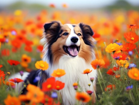 Curious dog exploring a field of blooming wildflower AI Generative photo