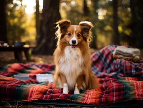 Fluffy dog sitting on a colorful picnic blanket AI Generative photo