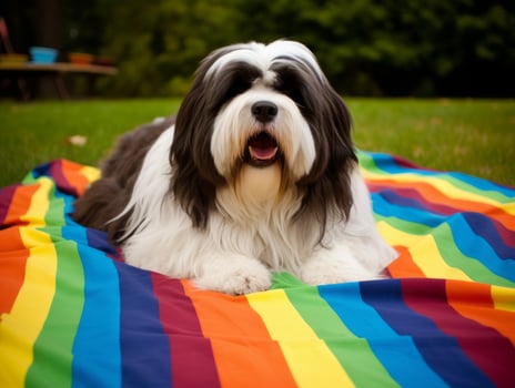 Fluffy dog sitting on a colorful picnic blanket AI Generative photo