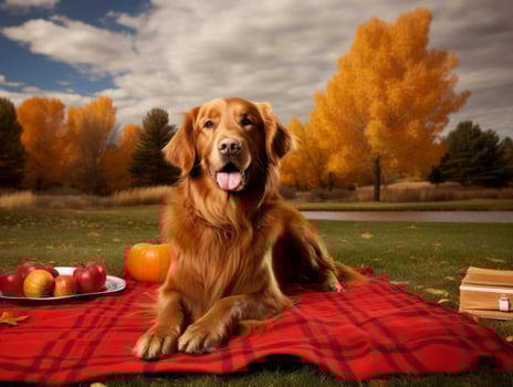 Fluffy dog sitting on a colorful picnic blanket AI Generative photo