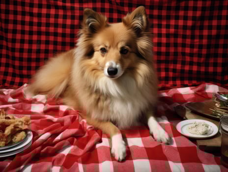 Fluffy dog sitting on a colorful picnic blanket AI Generative photo