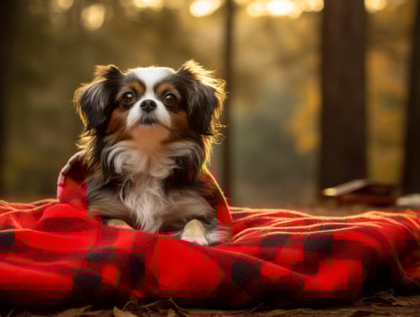 Fluffy dog sitting on a colorful picnic blanket AI Generative photo