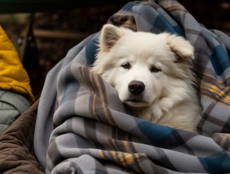 Fluffy dog sitting on a colorful picnic blanket AI Generative photo