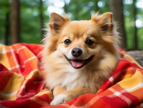 Fluffy dog sitting on a colorful picnic blanket AI Generative photo