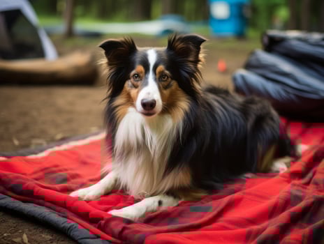Fluffy dog sitting on a colorful picnic blanket AI Generative photo