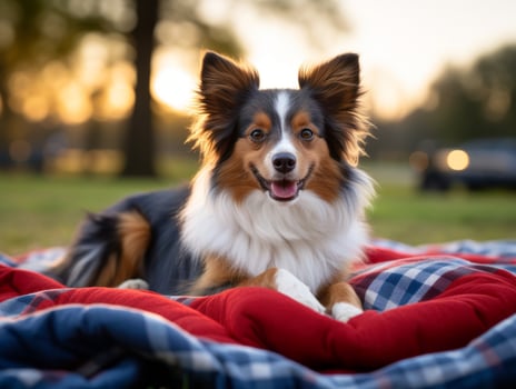 Fluffy dog sitting on a colorful picnic blanket AI Generative photo
