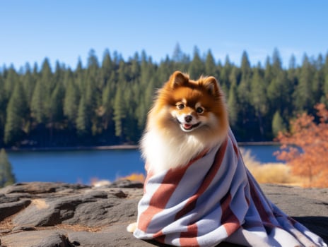 Fluffy dog sitting on a colorful picnic blanket AI Generative photo