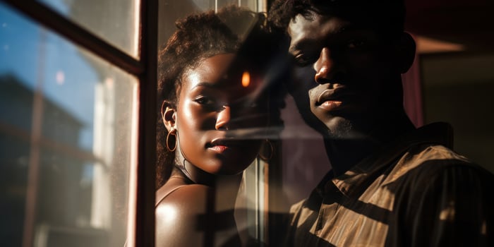 Silhouetted man and woman sharing a tender moment. AI generative. photo