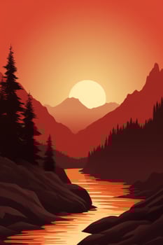 an illustration of a river at sunset with mountains in the background generative ai photo