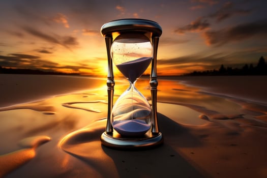 Hourglass on sand beach at sunset. Generative AI photo