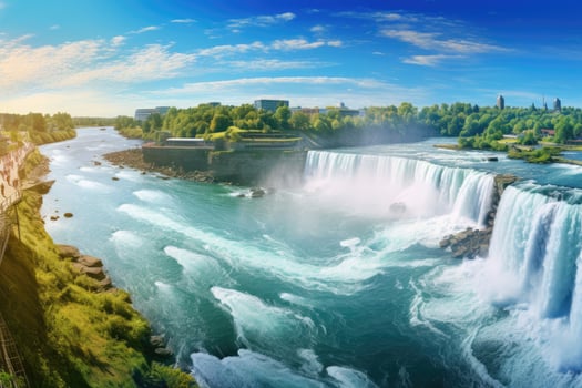 Niagara Falls, Ontario, Canada. Panoramic view of Niagara Falls, Niagara Falls panoramic view in summer. Ontario, Canada, AI Generated photo