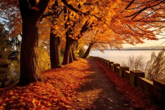 Autumn landscape in the park at sunset. Beautiful nature scene, Nice pathway in Autumn colors, AI Generated photo