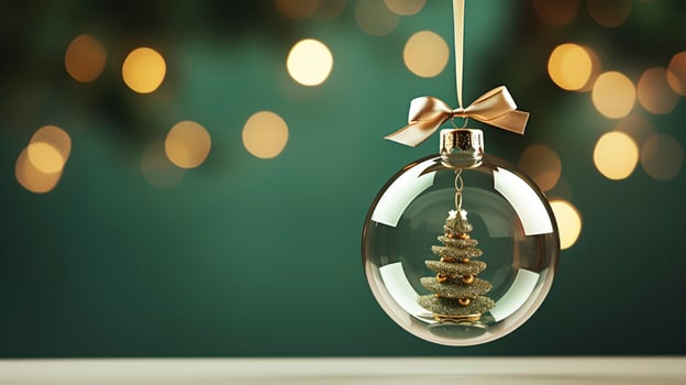 Hanging bauble Christmas tree bokeh lights ai generated banner background copy space photo