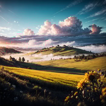 Flower Hill Scenery Background Ai Generative photo