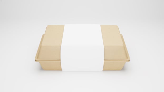 Paper food packaging box with blank label, on white background. photo