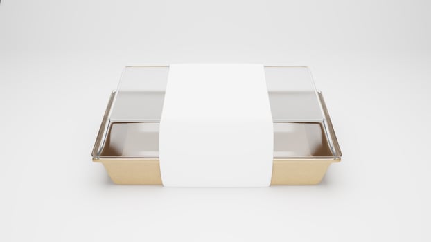Plastic food packaging box with blank label, on white background. photo
